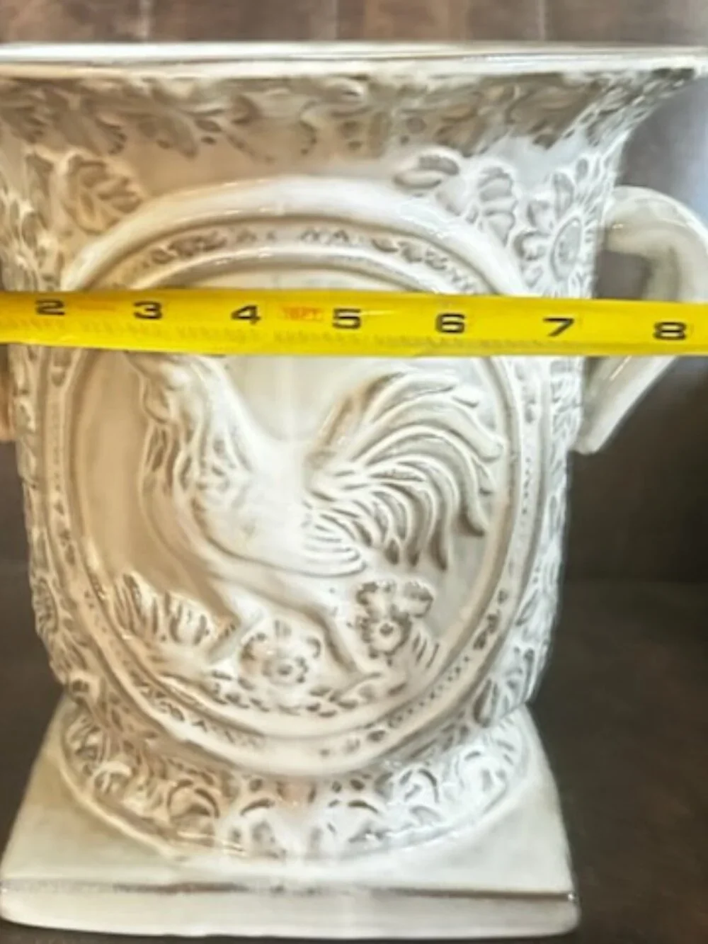 Vintage Collectible Ceramic Embossed Rooster and Country Floral Pattern Planter